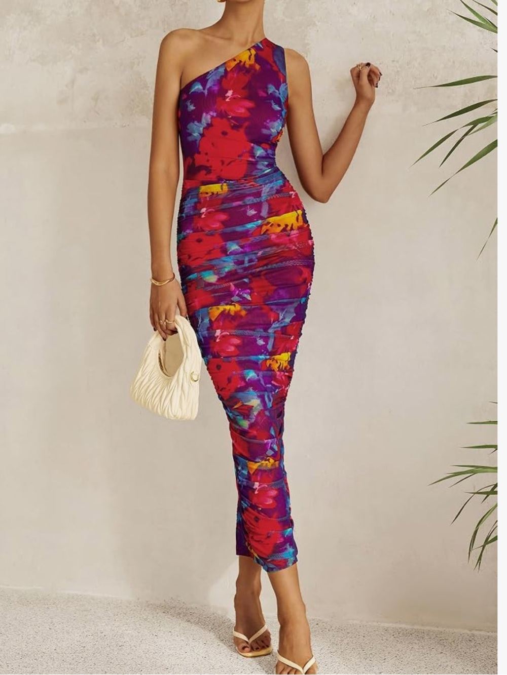 One-Shoulder Tropical Floral Maxi Dress - Pink Green Purple
